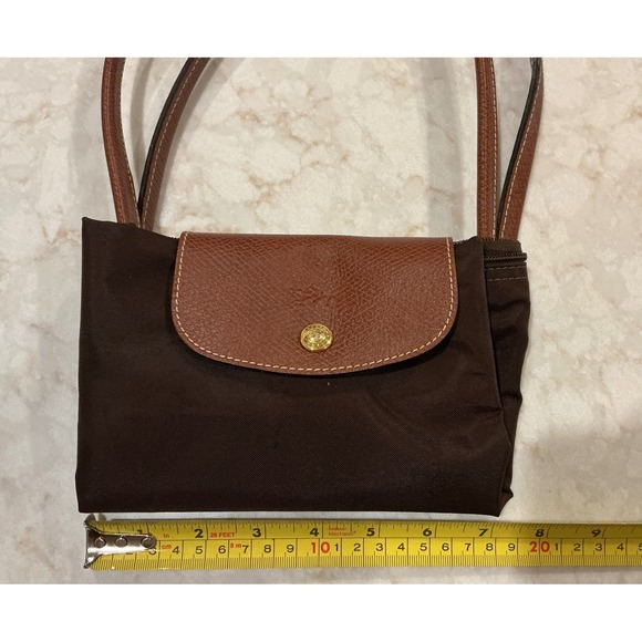 Longchamp Tote Bag Brown Leather Trim Logo Nylon Travel Shopping Shoulder - Picture 10 of 14